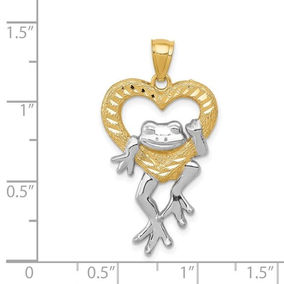14k Yellow Gold and White Rhodium Two Tone Frog and Heart Pendant - Picture 4 of 5